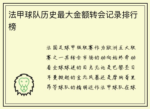 法甲球队历史最大金额转会记录排行榜